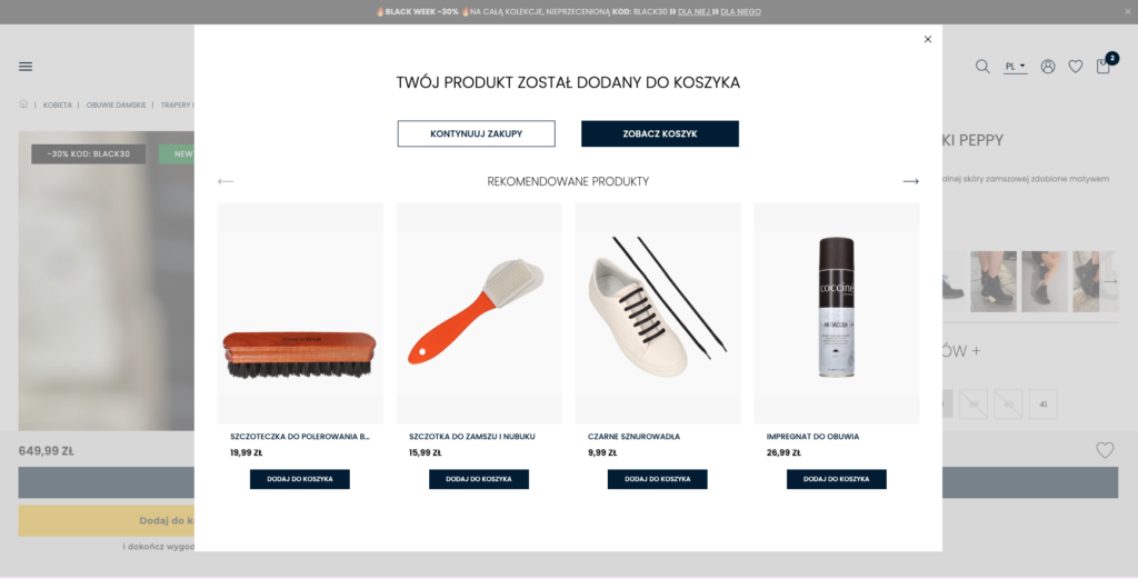 Propozycja produktów powiązanych po dodaniu produktu do koszyka w sklepie Konopka Shoes.
