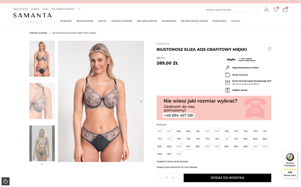 Szczegółowa karta produktu z galerią i opcjami wyboru różnych wariantów bielizny Samanta Lingerie.