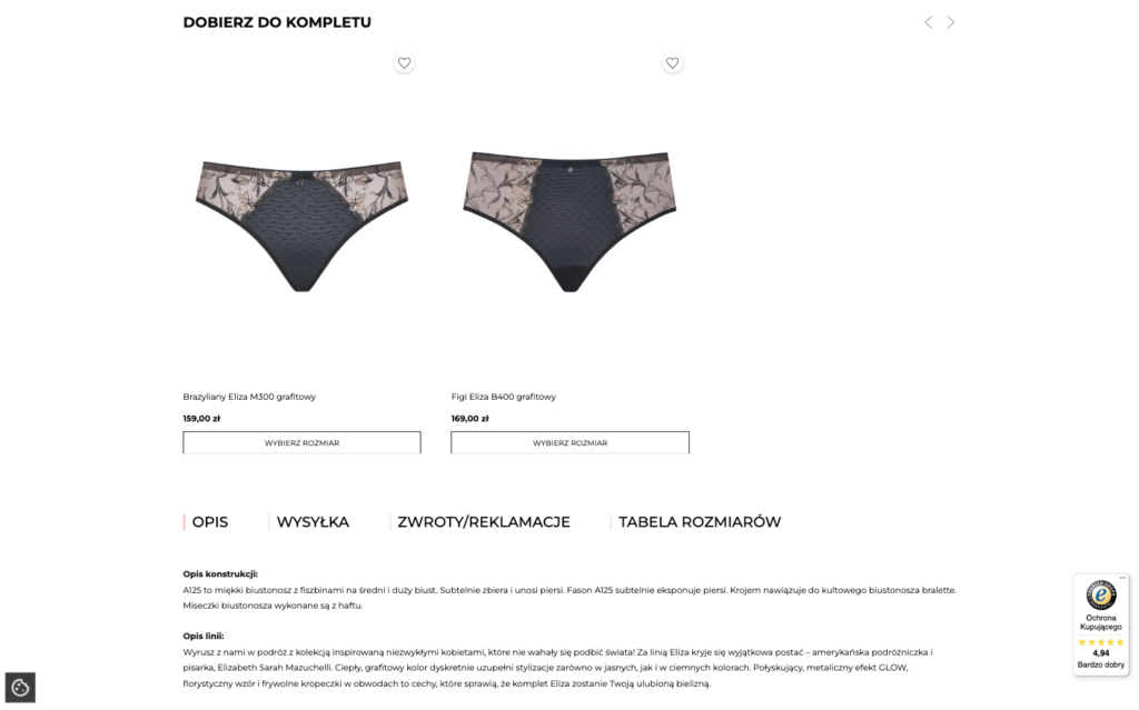 Propozycje uzupełniających produktów, np. figi do kompletu z biustonoszem, widoczne na stronie produktu.