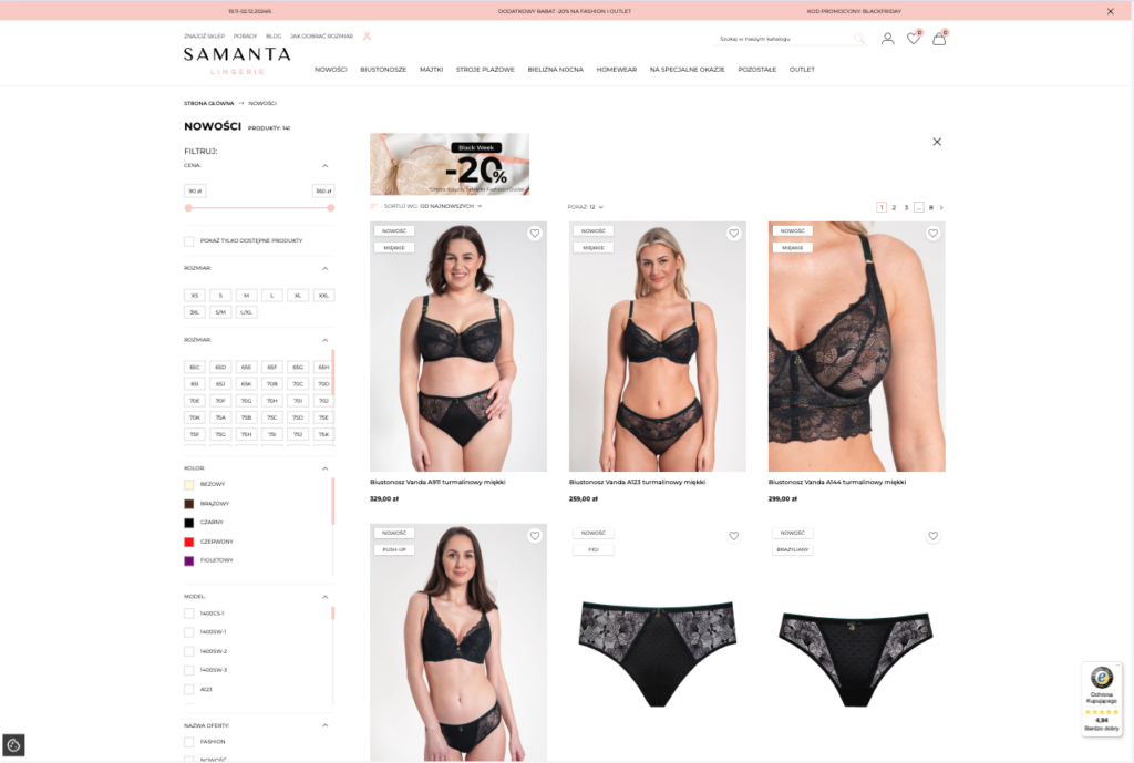 Lista produktów z zaawansowanymi filtrami oraz bannerem promocyjnym widocznym nad ofertą bielizny.