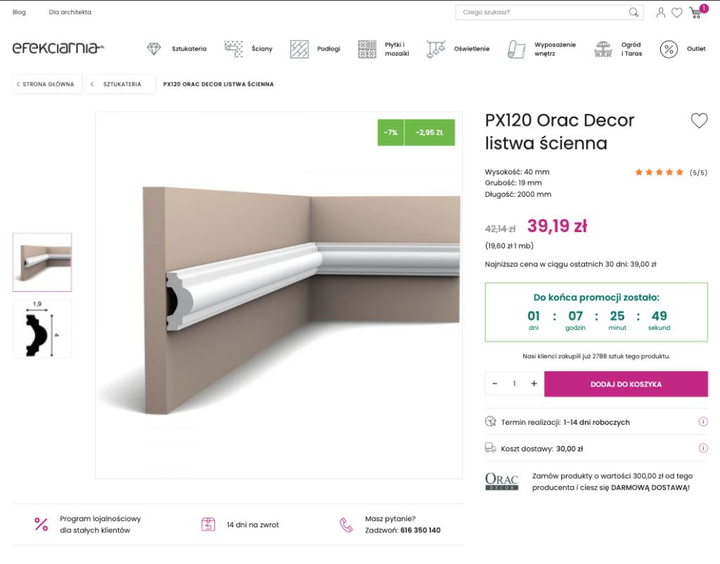 Karta produktu z licznikiem pokazującym czas do końca promocji lub ograniczoną dostępność.