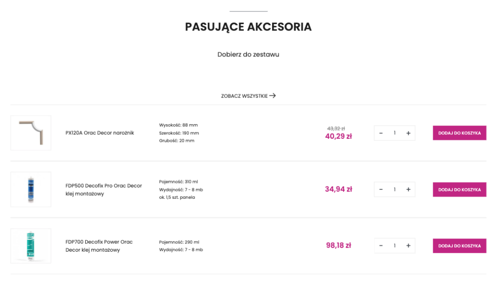 Sekcja polecanych dodatków lub produktów komplementarnych na stronie produktu.