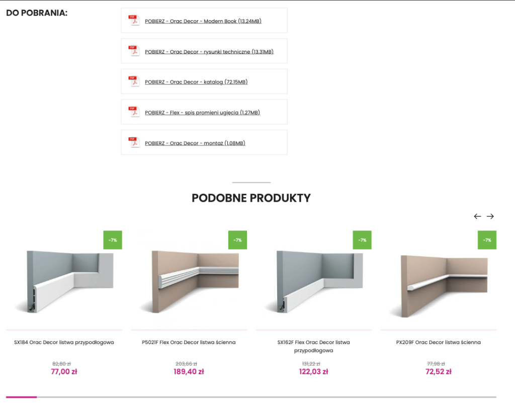 Sekcja z możliwością pobrania instrukcji PDF lub dodatkowych materiałów bezpośrednio z karty produktu.