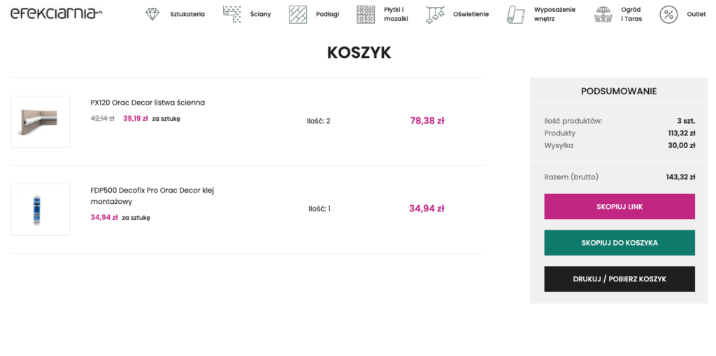 Interfejs udostępniania gotowego koszyka do innych użytkowników.