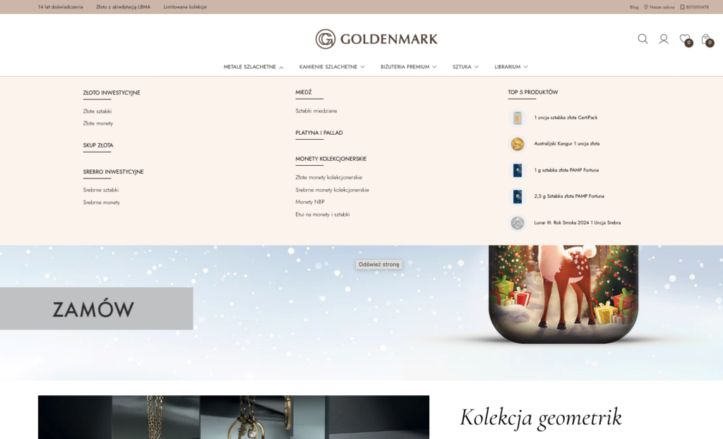 Rozbudowane megamenu w sklepie internetowym Goldenmark, zrealizowane na platformie PrestaShop.