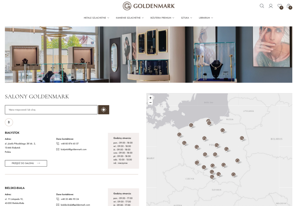 Interaktywna mapa salonów stacjonarnych Goldenmark z wyszukiwarką, element wdrożenia sklepu e-commerce.