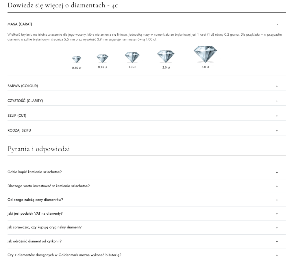 Sekcja z najczęściej zadawanymi pytaniami (FAQ) na karcie produktu sklepu PrestaShop Goldenmark.