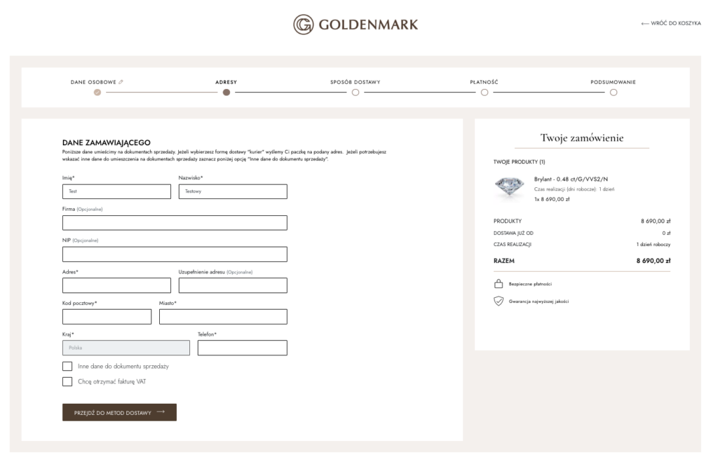 Przejrzysty, jednostronicowy proces zakupowy (checkout) w sklepie internetowym Goldenmark.