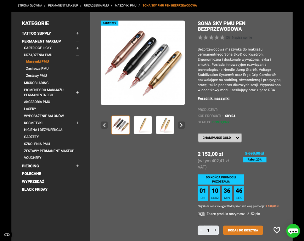 Zaawansowana karta produktu w sklepie PrestaShop Kwadron z licznikiem promocji, programem lojalnościowym i opcją pobrania specyfikacji PDF.