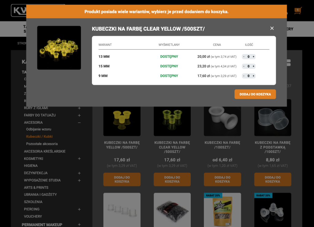 Listing produktów w sklepie Kwadron z opcją szybkiego dodawania wielu wariantów kartridży do koszyka.
