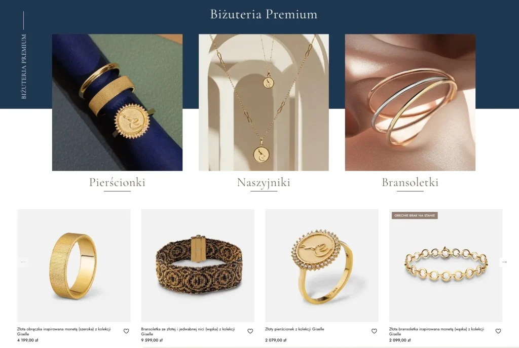 Prezentacja głównych kategorii produktowych na stronie głównej sklepu Goldenmark w ramach case study wdrożenia PrestaShop.