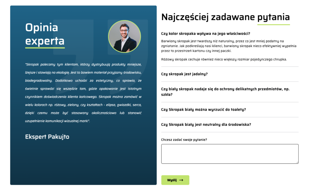 Sekcja FAQ w realizacji PakujTo