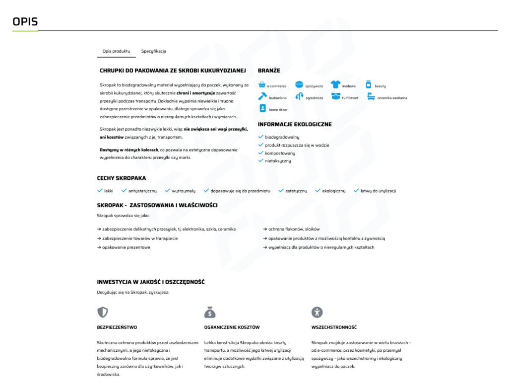 Rozbudowany opis produktu w realizacji PakujTo