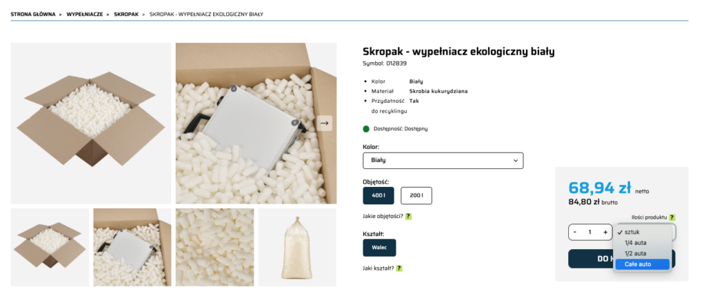 Opcja dodania do koszyka większych ilości np. ¼ auta w realizacji PakujTo