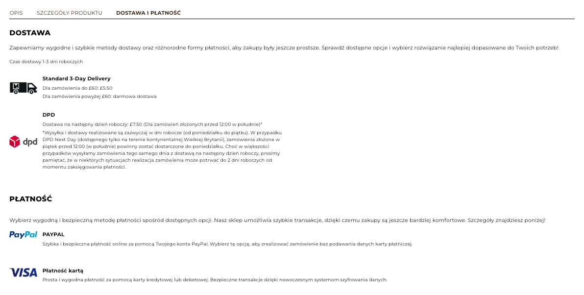 Zakładka Dostawa i Płatność na karcie produktu – Moduł Dostawa i Płatność PrestaShop