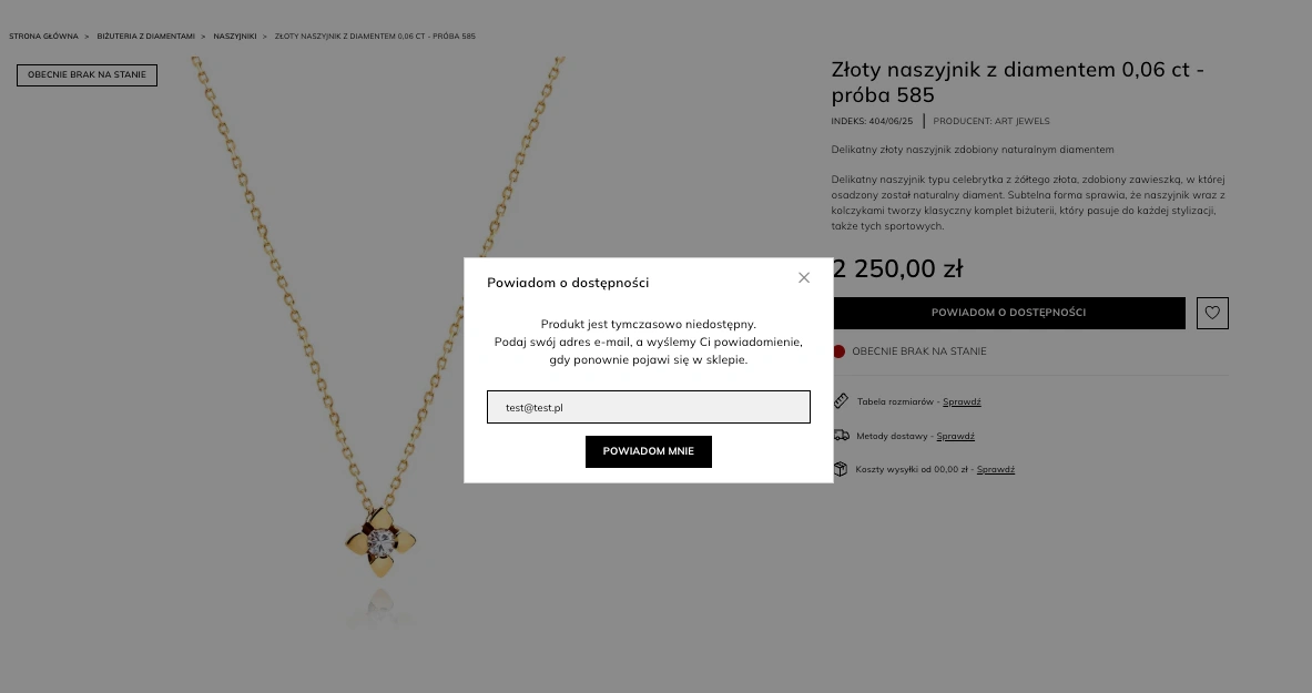 Formularz zapisu na powiadomienia e-mail – Moduł Powiadomienia Pocztowe PrestaShop