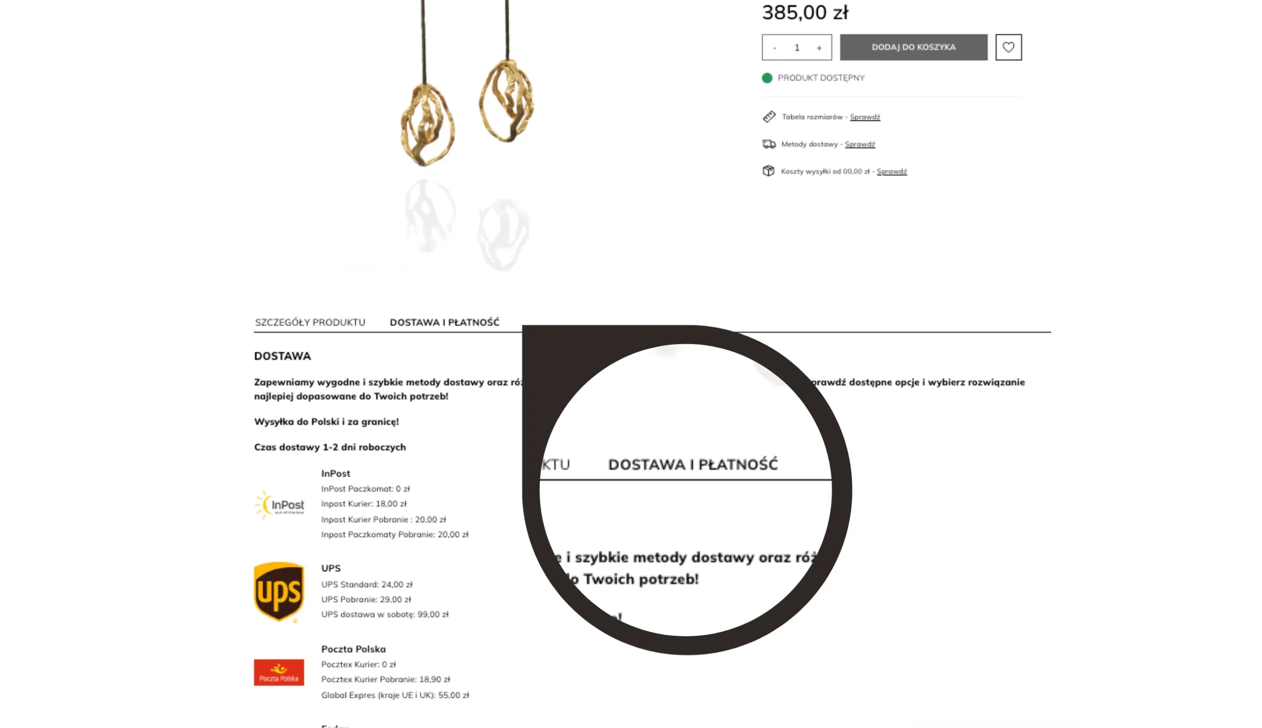 Zakładka Dostawa i Płatność na karcie produktu – Moduł Dostawa i Płatność PrestaShop