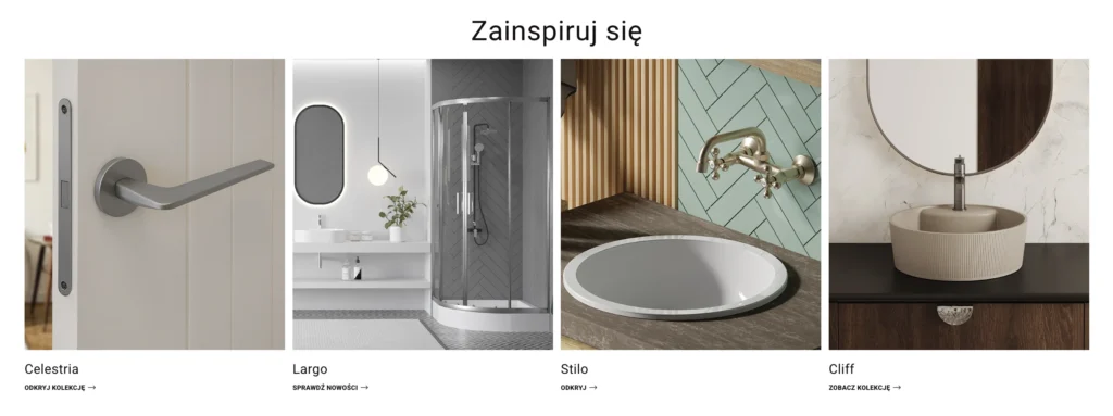 Strona główna sklepu internetowego Laveo z graficzną prezentacją kolekcji produktów armatury sanitarnej.