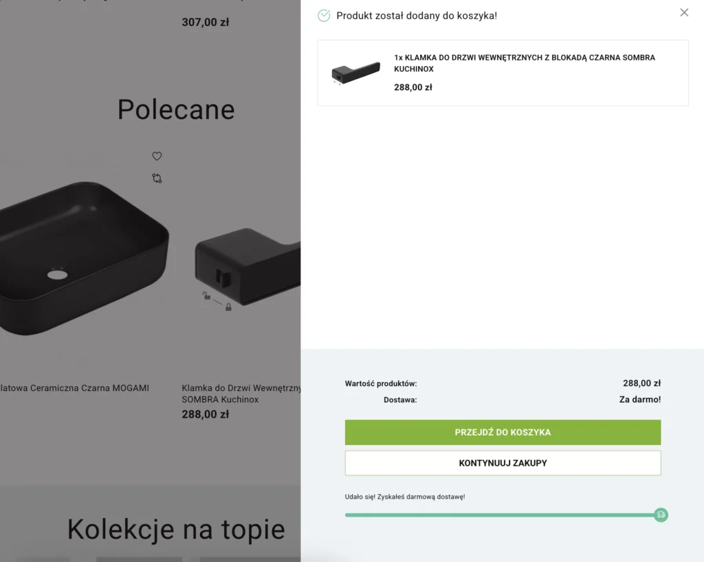 Licznik darmowej dostawy w koszyku sklepu internetowego Laveo motywujący do dodania kolejnych produktów.