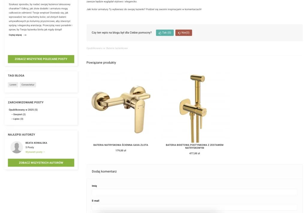 Artykuł na blogu Laveo z sekcją prezentującą produkty powiązane z jego treścią.