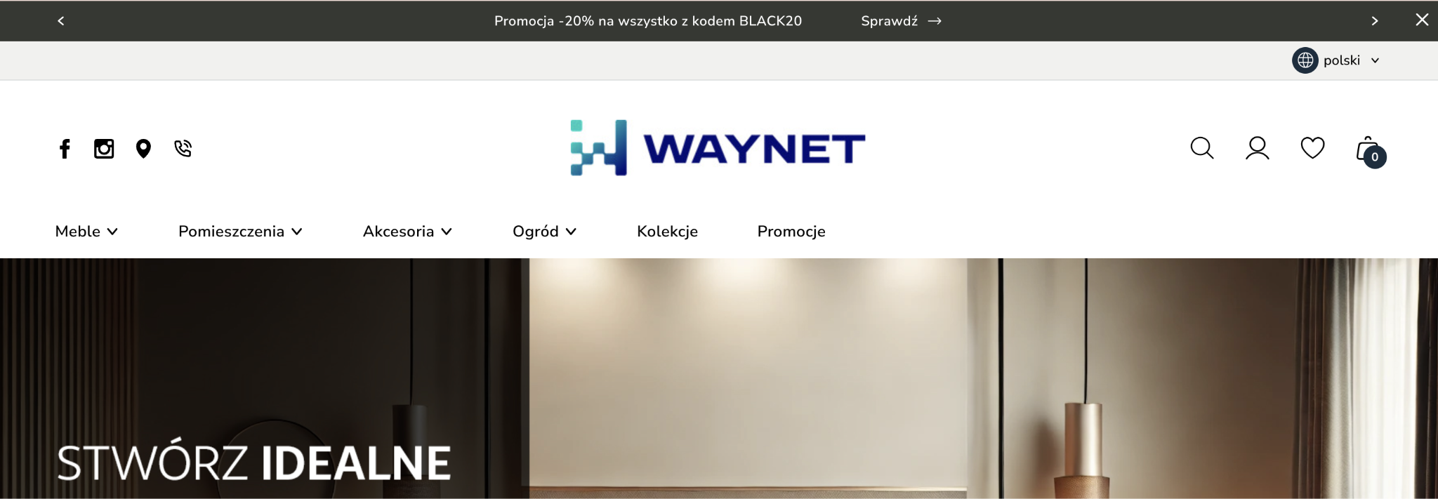 Zrzut ekranu sklepu internetowego pokazujący pasek na górze strony z napisem "BLACKWEEK -20% NA WSZYSTKO" i widocznym kodem rabatowym.