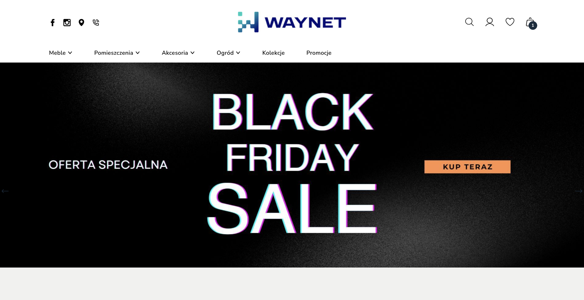 Główny baner reklamowy na stronie sklepu z dużym napisem "Black Friday Start!" i przyciskiem "Sprawdź teraz", zachęcającym do zakupów.