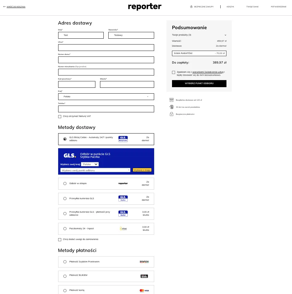 Proces zamówienia w sklepie Reporter Young z wdrożonym modułem One Page Checkout PrestaShop.