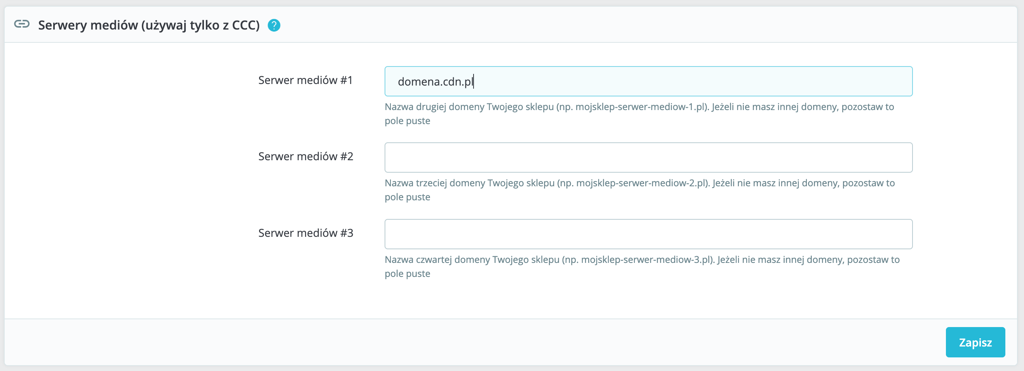 Konfiguracja serwerów mediów w panelu PrestaShop w celu wdrożenia CDN (wpisanie domeny CDN).