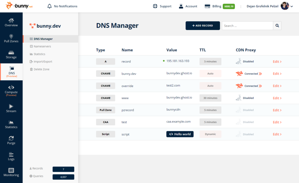 Panel Bunny.net DNS Manager pokazujący konfigurację rekordów CNAME i status CDN Proxy (Pull Zone).